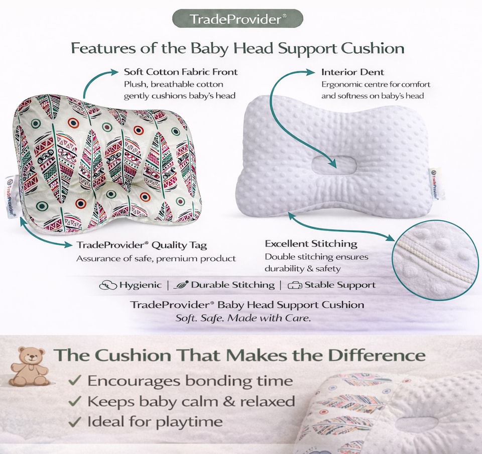 image 1 of TradeProvider® Baby Head Support Cushion for Pram, Pushchair, Stroller, Infant Support Pad, Newborn Travel Headrest (Boho Feather Collection)