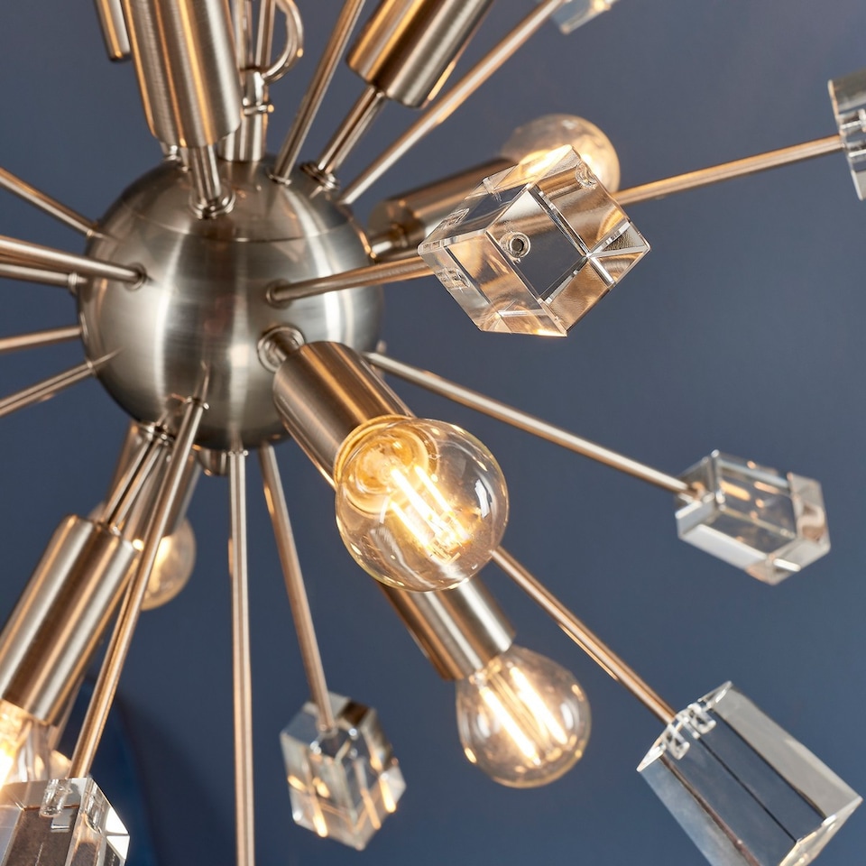 image 1 of Miro 9 Light Ceiling Pendant Satin Nickel Plate & Clear Crystal Glass, E14