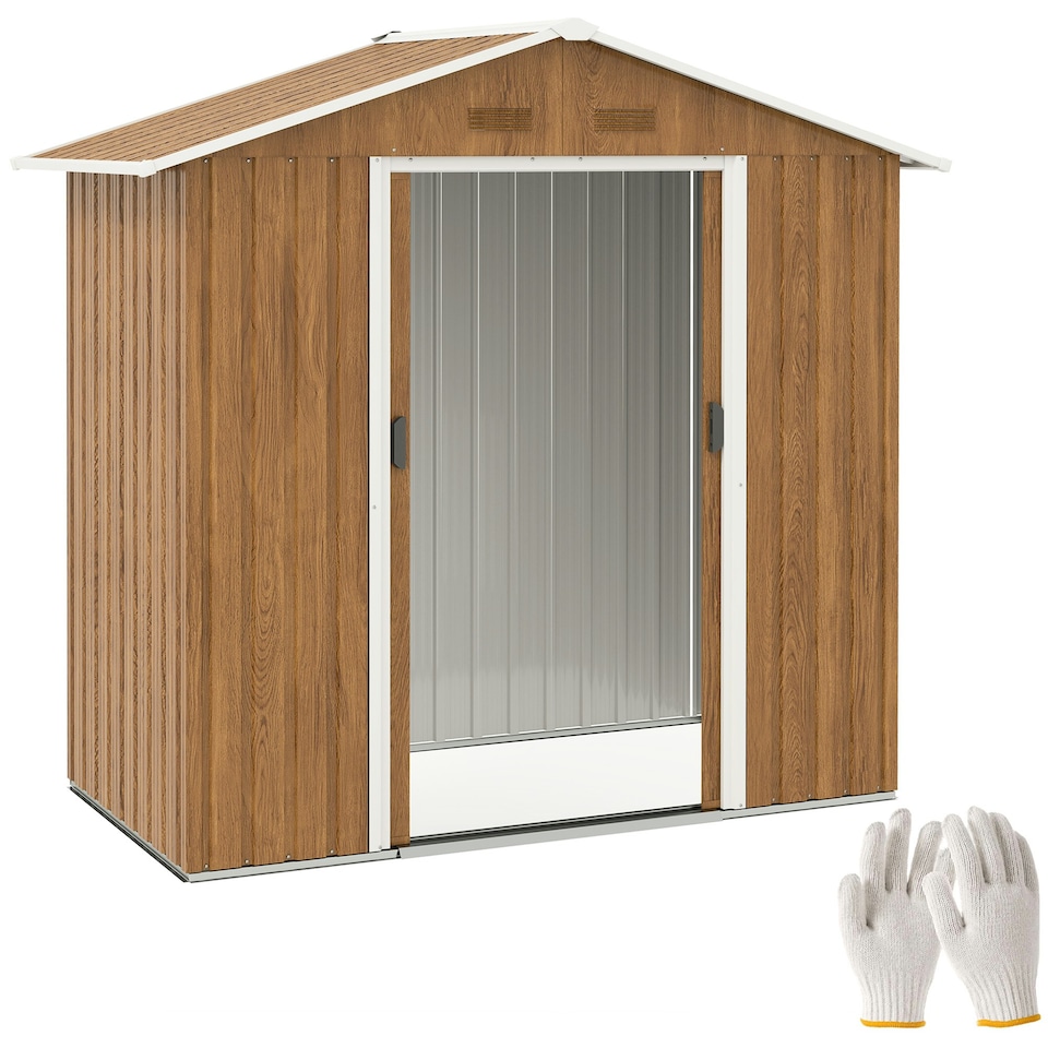 image 1 of Outsunny 6.5x3.5ft Metal Garden Shed for Garden, Brown Wood Effect Brown