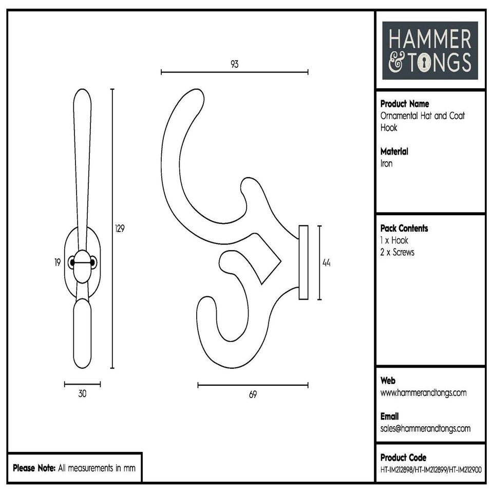 image 1 of Hammer & Tongs Ornamental Hat & Coat Hook - W30mm x H130mm - Brass