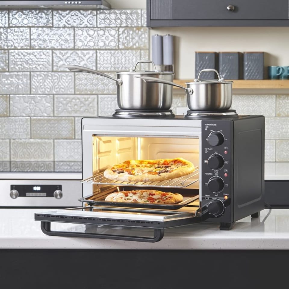 image 1 of Cooks Professional Mini Oven 34 Litre with 2 Hobs | 34 Litre | Powerful 1500W | Black Contemporary