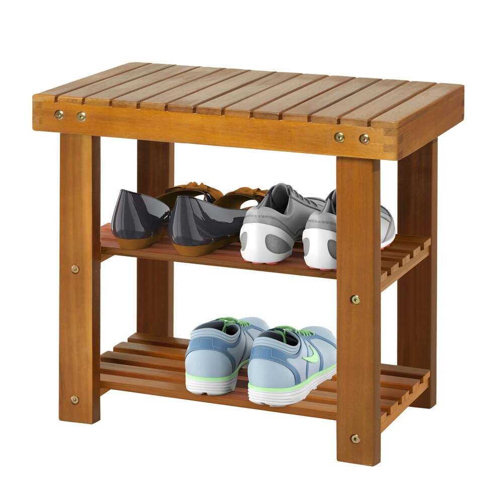 image 1 of HOMCOM 3-tier Shoe Rack Bench Acacia Wood Shoe Storage Organizer Teak 50x28x45cm