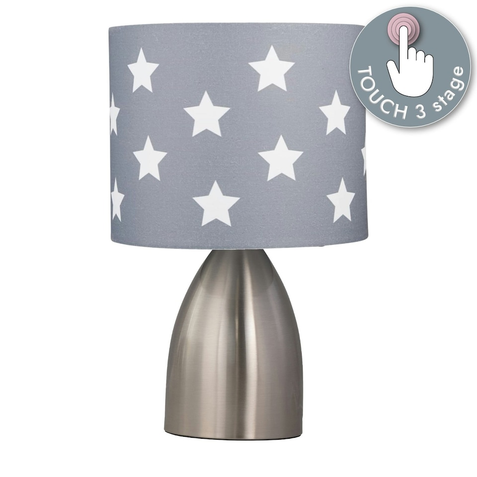 image 1 of First Choice Lighting Valentina Brushed Chrome Touch Lamp with Dark Grey & White Stars Shade Silver | Grey