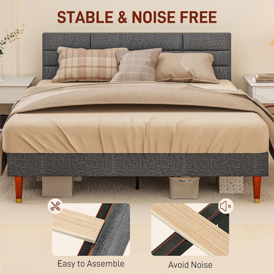 image 1 of HOMCOM 5ft King Bed Frame with Underbed Storage, Upholstered Platform Bed Frame with Tufted Headboard and Wood Slat Support, No Box Spring Needed, Easy Assembly, Grey