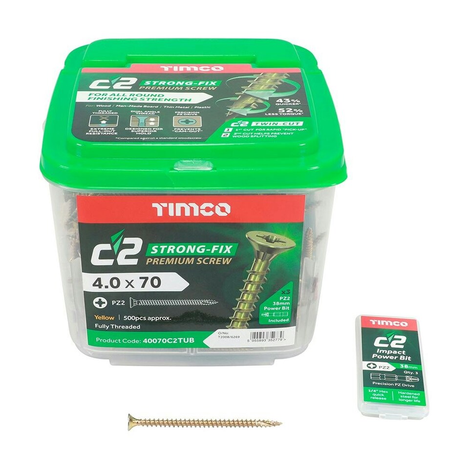 image 1 of Timco - C2 Strong-Fix Multi-Purpose Premium Screws - PZ - Double Countersunk - Yellow (Size 4.0 x 70 - 500 Pieces)