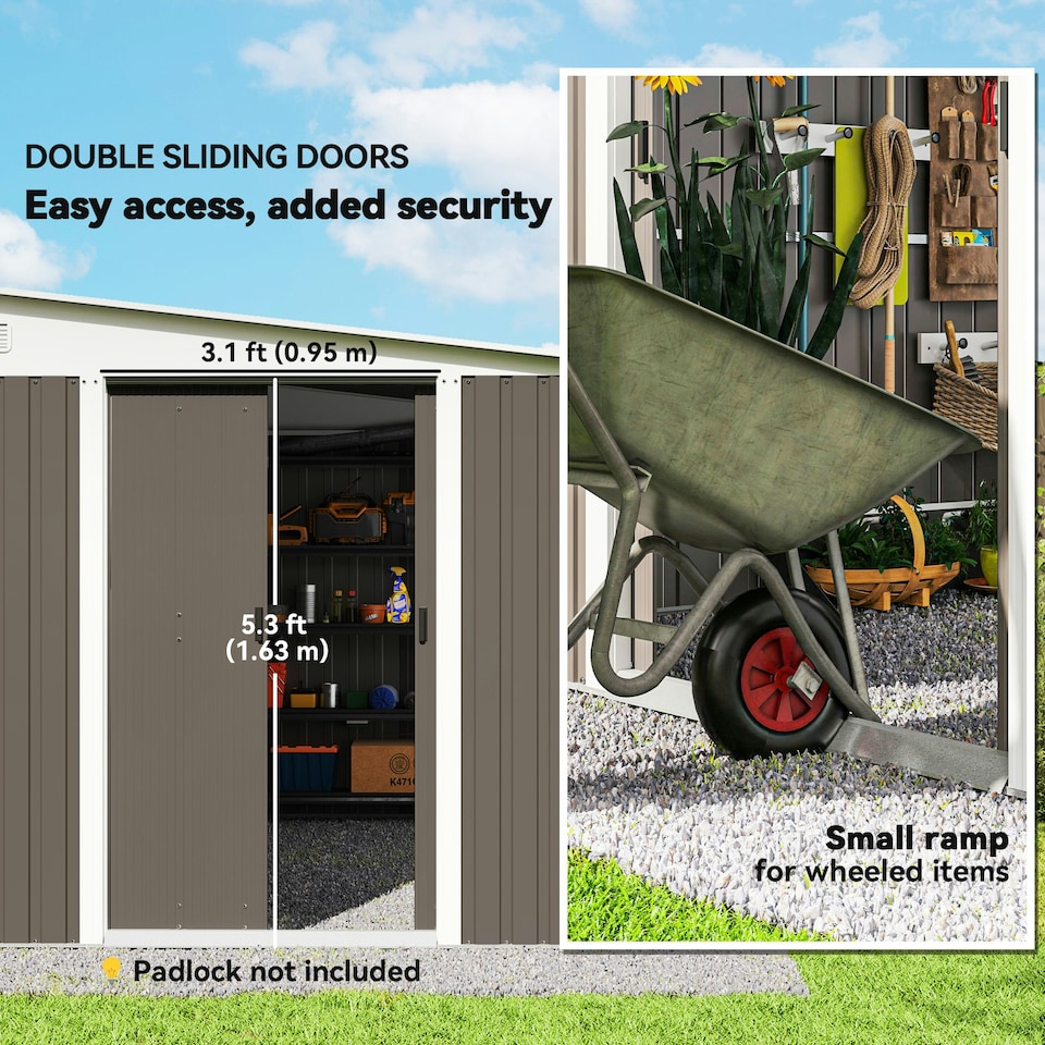 image 1 of Outsunny 11.3x9.2ft Steel Garden Storage Shed w/ Sliding Doors & 2 Vents, Grey