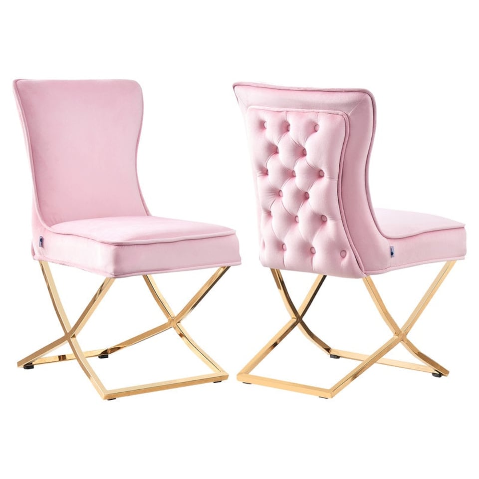 image 1 of Set of 2 Trafalgar Velvet Dining Chairs with Gold Crossed Legs - Modern Upholstered Accent Chair | Pink