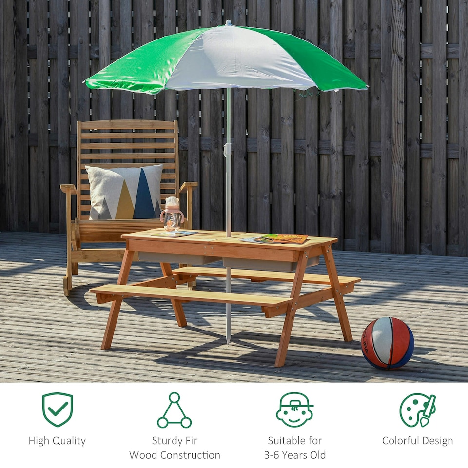 image 1 of Outsunny Wooden Kids Picnic Table, Sand and Water Table with Benches, Brown