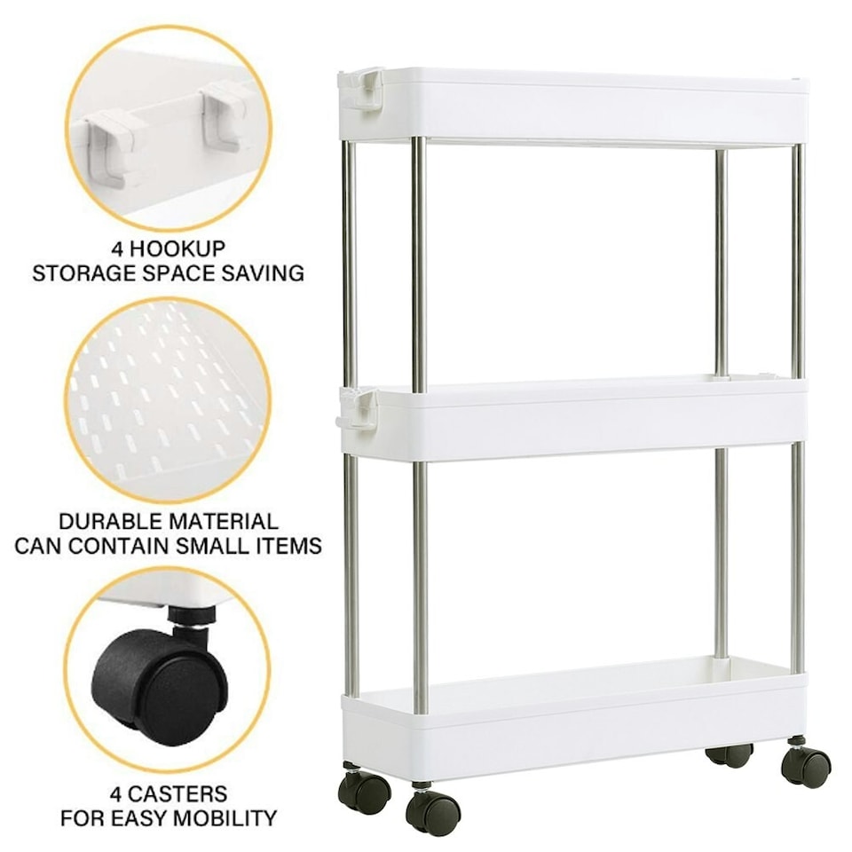 image 1 of Living and Home Plastic Storage Trolley Cart Rack 3-Tier - White