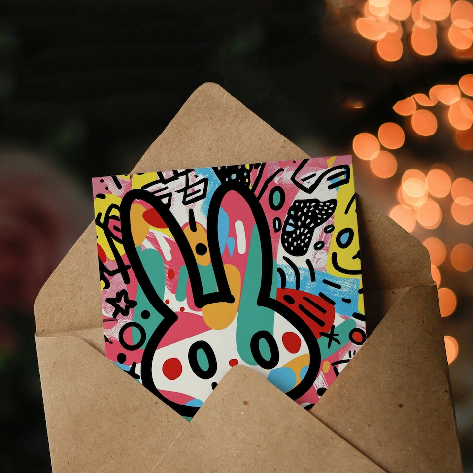 image 1 of Bunny Cartoon Colourful Graffiti Style Girl Daughter Son Birthday Card