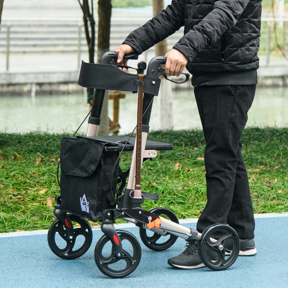 image 1 of HOMCOM 4 Wheel Rollator Walker, Adjustable Mobility Walker with Bag,Gold Tone