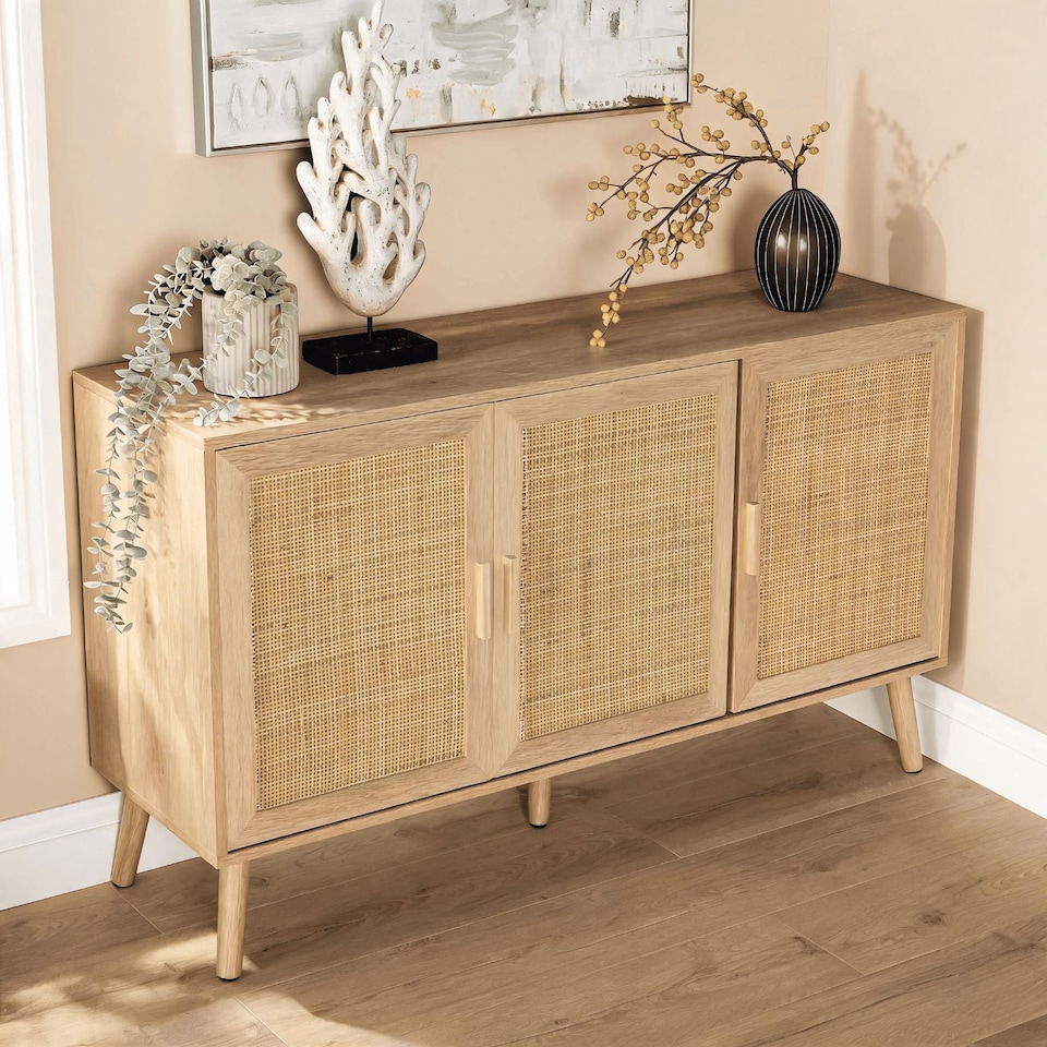 image 1 of Sideboard 3 Rattan Doors Solid Wooden Legs Cabinet Home Living Room Furniture