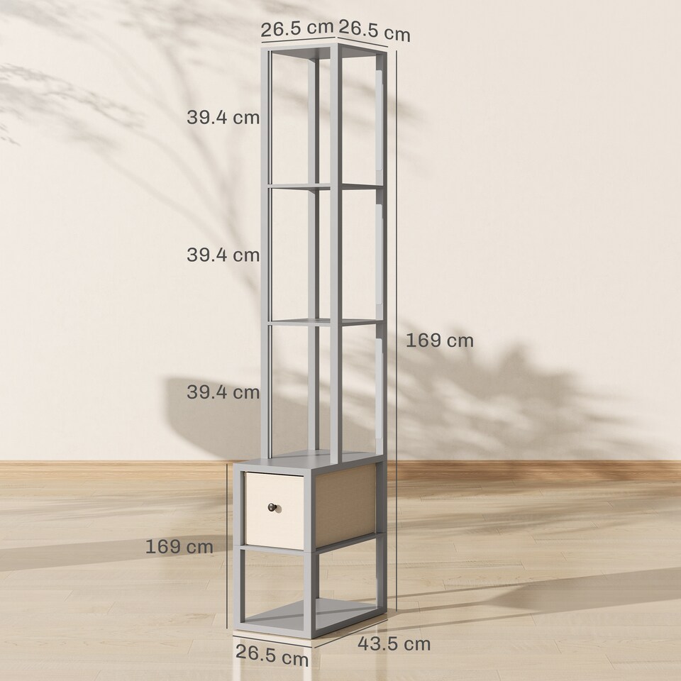 image 1 of HOMCOM Floor Lamp with Shelves, LED Column Modern Standing Lamp with Fabric Drawer, Adjustable Brightness, Foot Switch for Living Room, Bedroom, Office, Grey | Grey