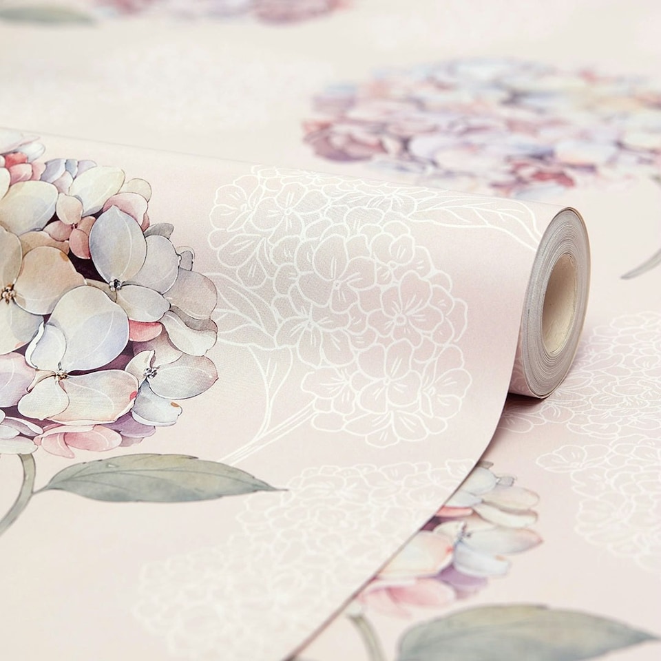 image 1 of Hydrangea Harmony Wallpaper in Soft Pink Multi