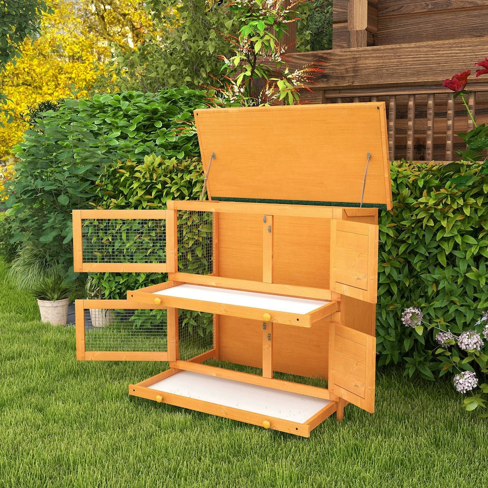 image 1 of PawHut 2-Tier Wooden Rabbit Hutch with Sliding Tray