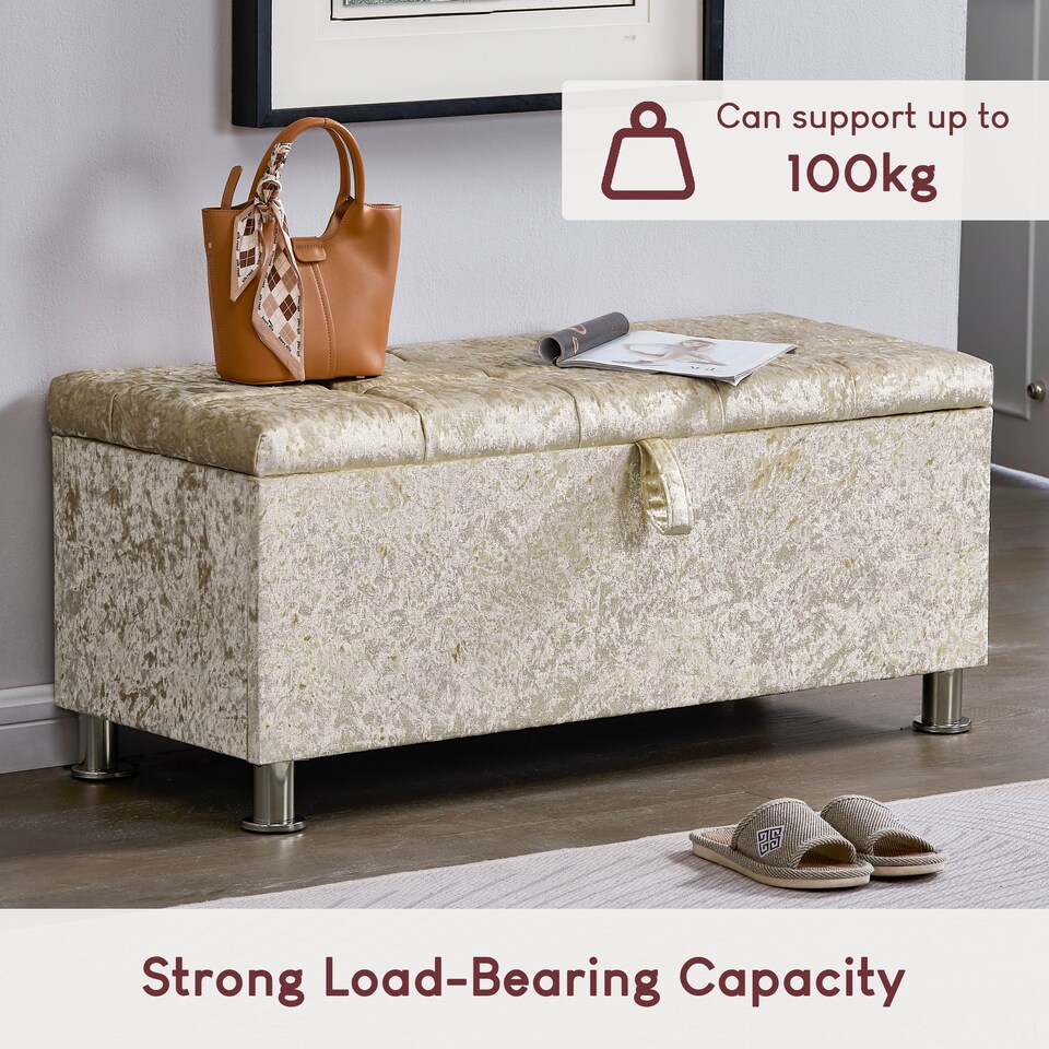 image 1 of Vida Designs Valencia Storage Ottoman Bedroom Hallway Chest Bench, Crushed Velvet Champagne | Yellow | Champagne