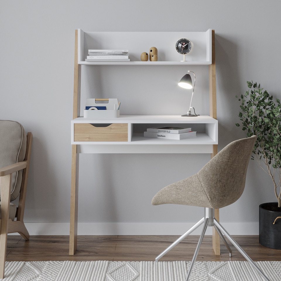 image 1 of White & Oak Ladder Desk with Drawer