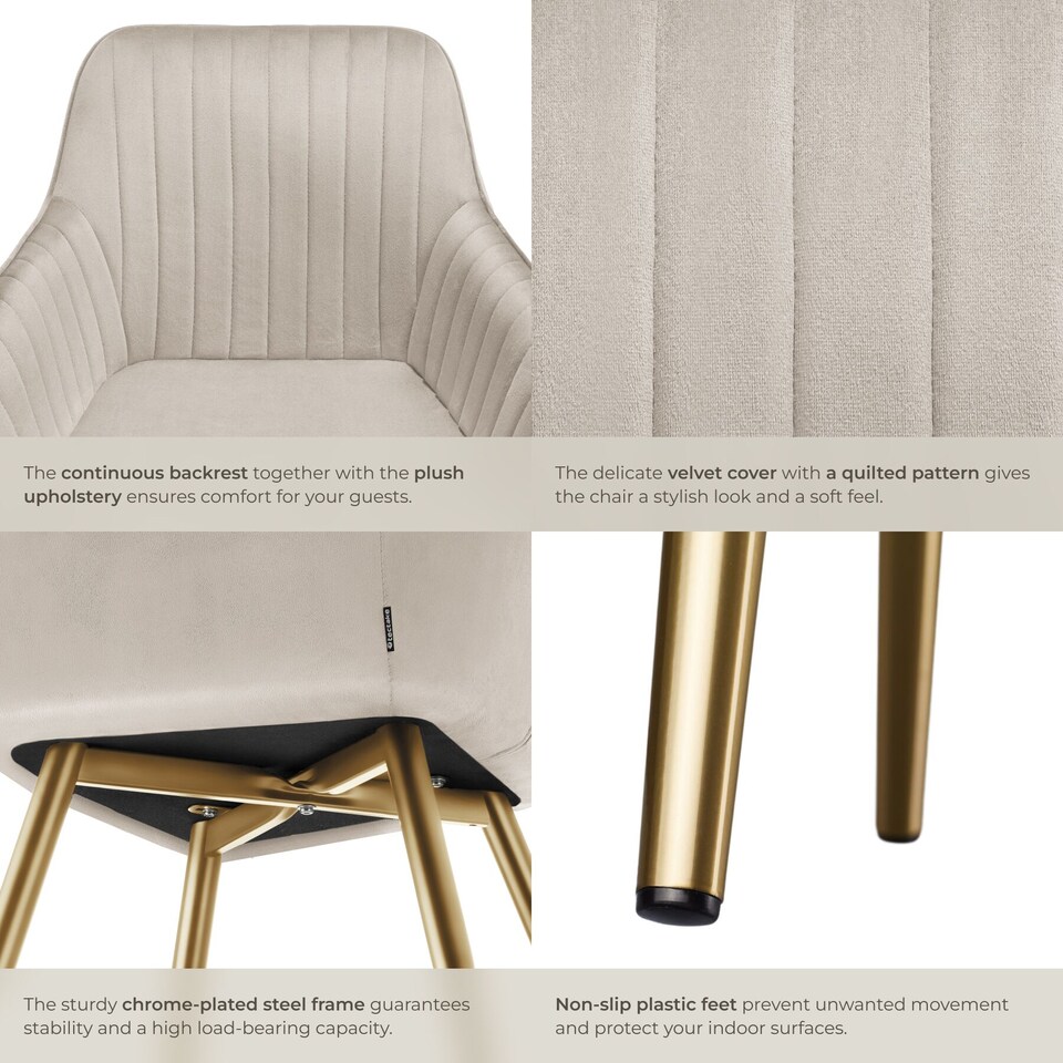image 1 of Dining Chair Marilyn - quilted velvet, continuous backrest, gold steel legs | Grey | taupe/gold | One Size | 4