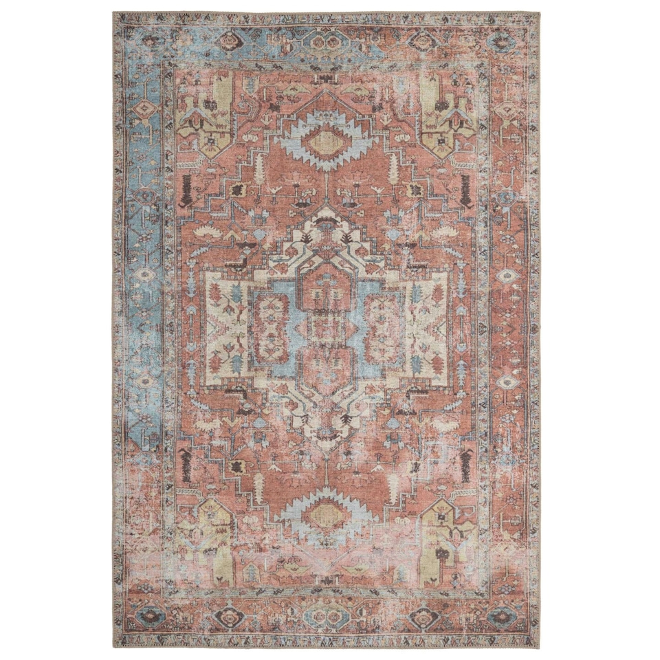 image 1 of KUKOON Terracotta Distressed Aztec Geometric Non Slip Washable Low Pile Rug 120cm x 170cm | Orange
