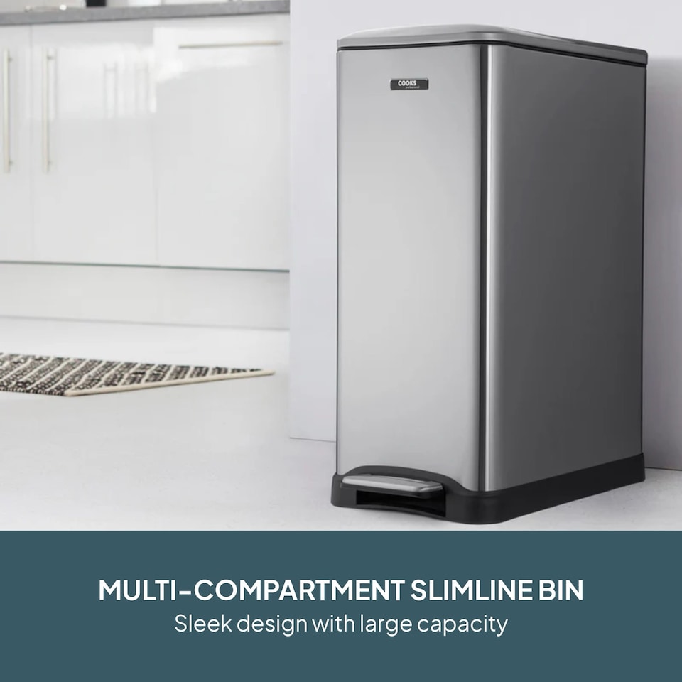 image 1 of Cooks Professional Slimline Dual Recycle Pedal Bin 50L - 2 Compartments & Soft Close Lid | Silver