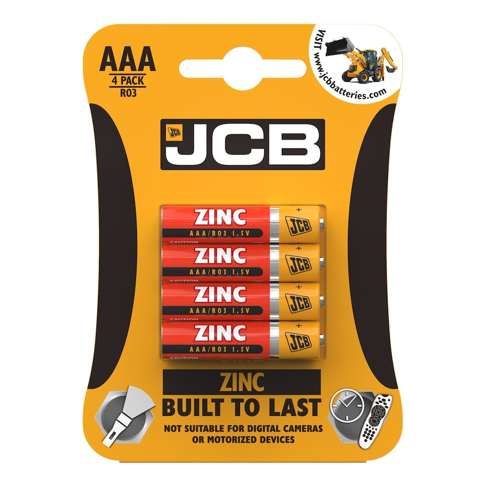JCB AAA Zinc Carbon Batteries - Pack of 4 | Multi | AAA | 4