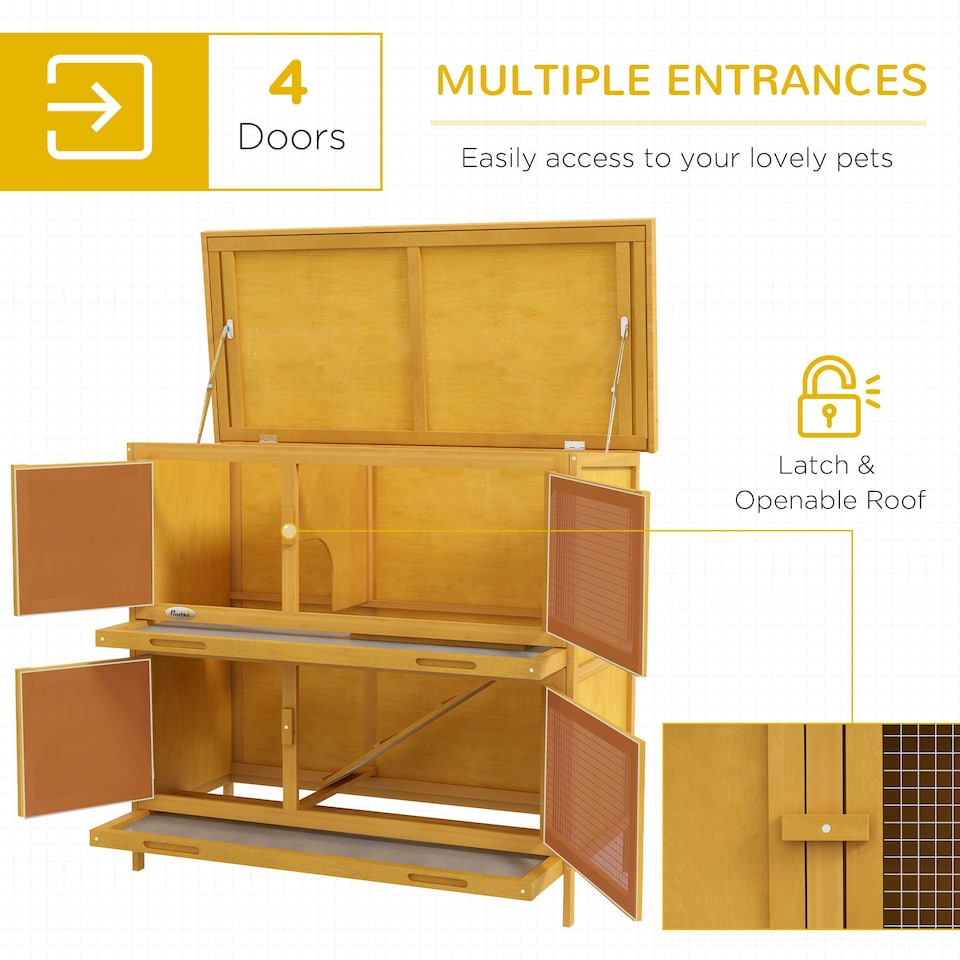 image 1 of PawHut Rabbit Hutch, Double Decker Cage w/ Roof, Divider, Ramp, Yellow