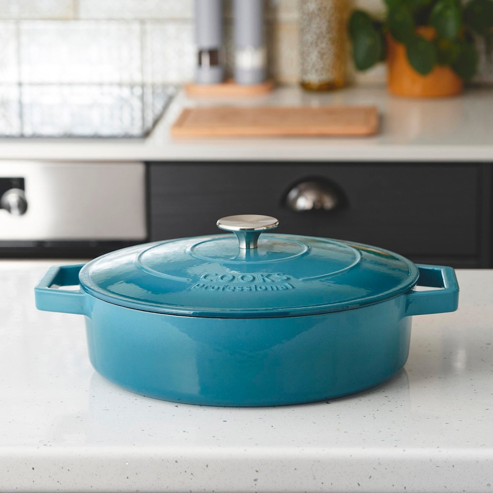 image 1 of Cooks Professional Cast Iron Casserole Dish 28cm - Ovenproof Pan with Lid | Blue | Teal