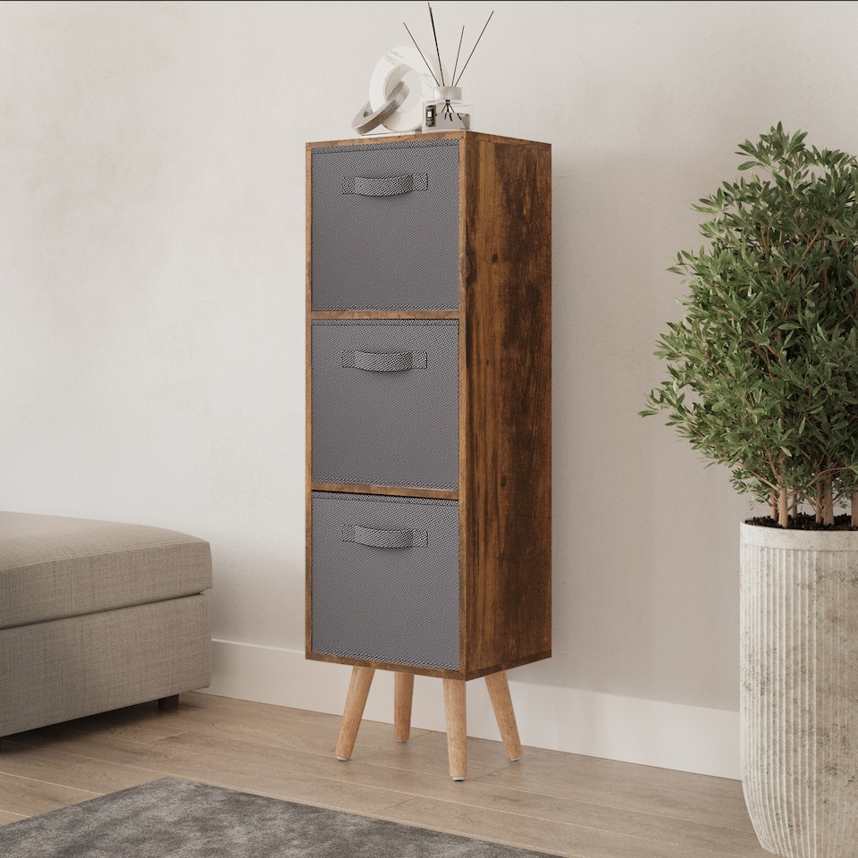 image 1 of Rustic Brown 3-Tier 3-Drawer Cube Shelving Unit with Scandinavian Legs