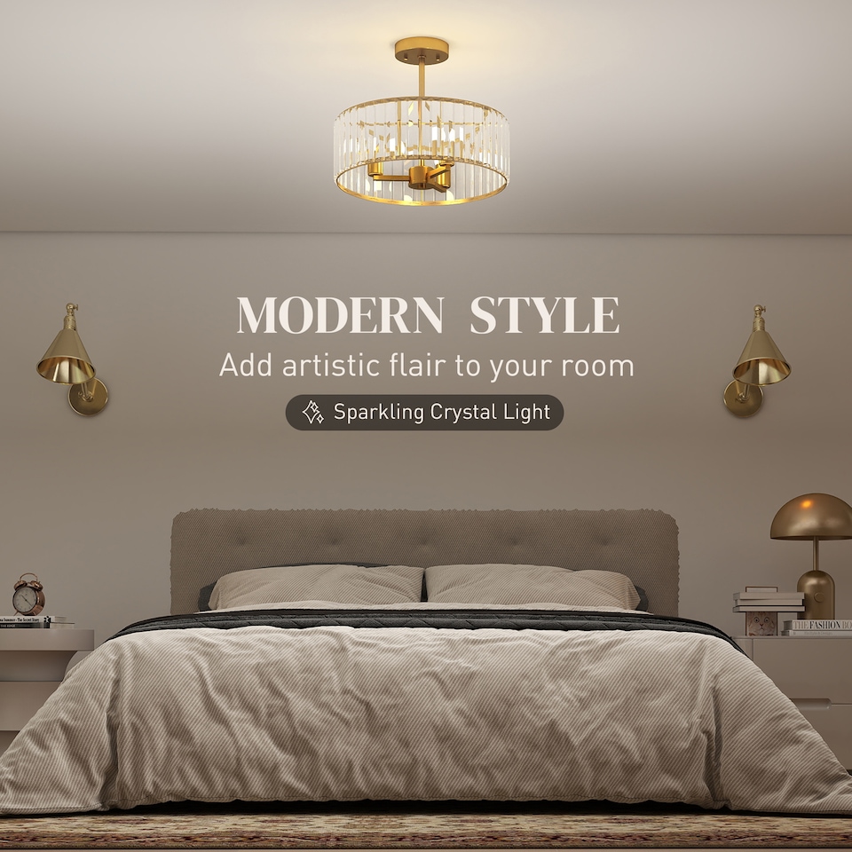 image 1 of HOMCOM Semi Flush Mount Modern Crystal Chandelier Ceiling Light, Gold Tone