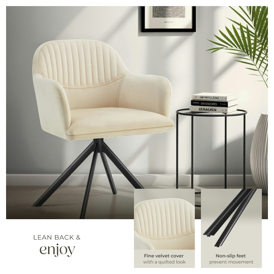 image 1 of Lounge Armchair Living Room Accent Chair 360 Swivel Slim Steel Legs Velvet Fabric  - Set of 2 Cream | Cream/Black