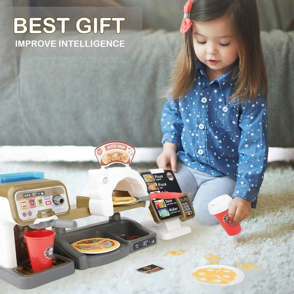 image 1 of Pretend Play Coffee Shop & Pizza Café Set – 30-Piece Kids’ Coffee Maker Playset with Cash Register and Food Accessories