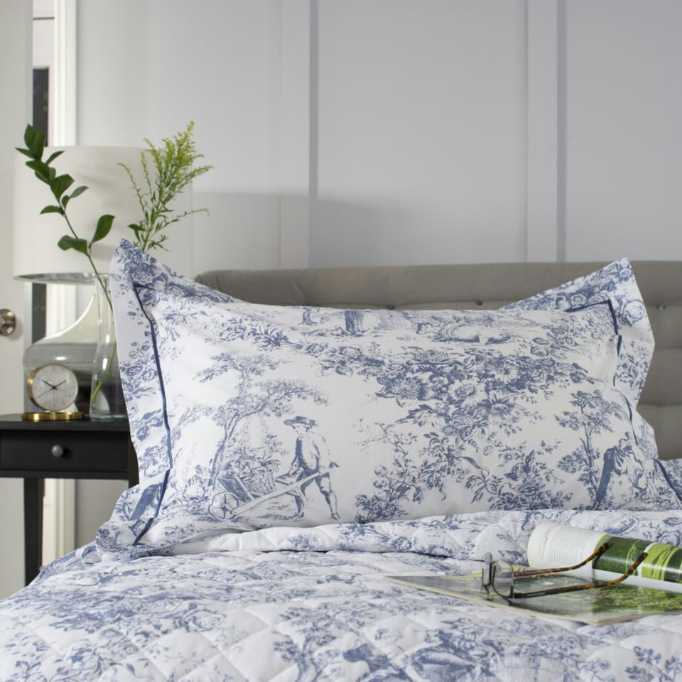 image 1 of Toile De Jouy 200 Thread Count 100% Cotton Oxford Pillowcase Pair Blue | Blue
