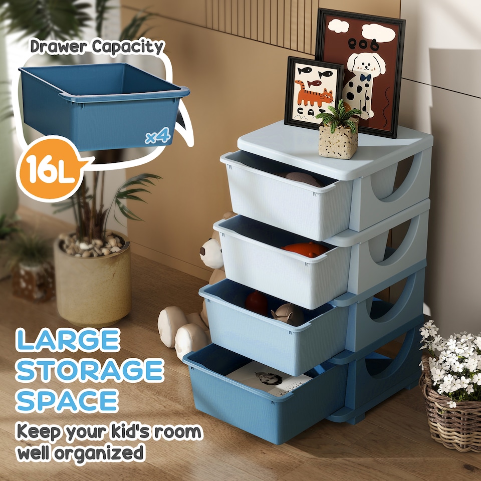 image 1 of HOMCOM Kids Storage Units with Drawers 3 Tier Chest Dresser Tower | Blue | 37 x 37 x 76 cm