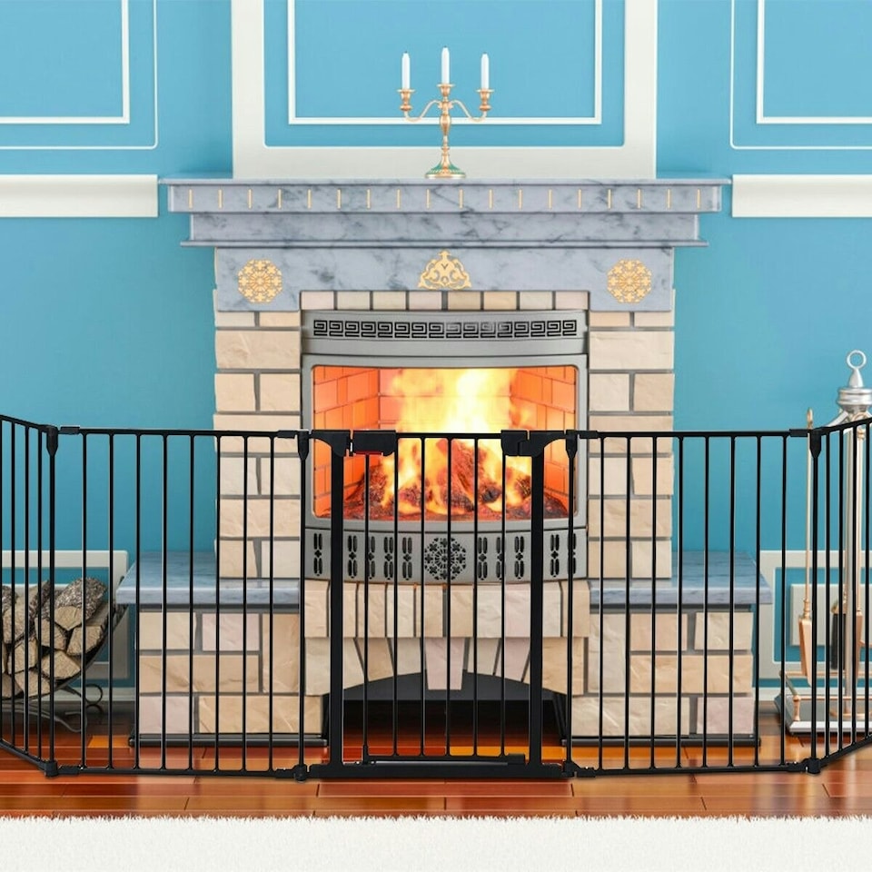 image 1 of COSTWAY 5 Panel Fireplace Fence Room Divider | Black | Not provided
