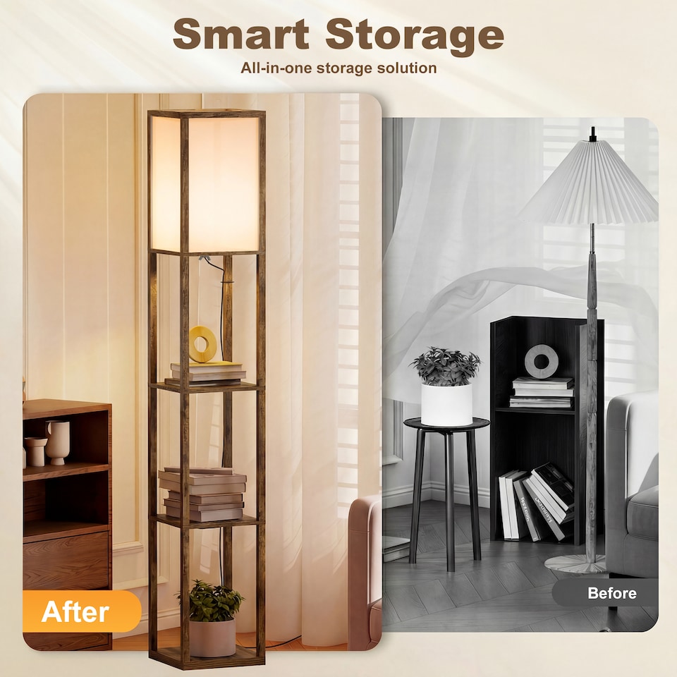 image 1 of HOMCOM Floor Lamp Reading Lamp with 3-Tier Storage Shelf for Home Office Brown