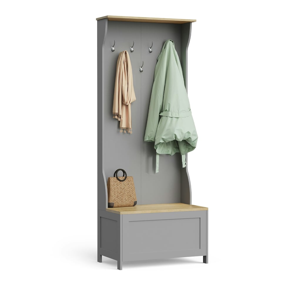 image 1 of VonHaus Grey Coat Rack Stand and Shoe Storage Bench for Hallway