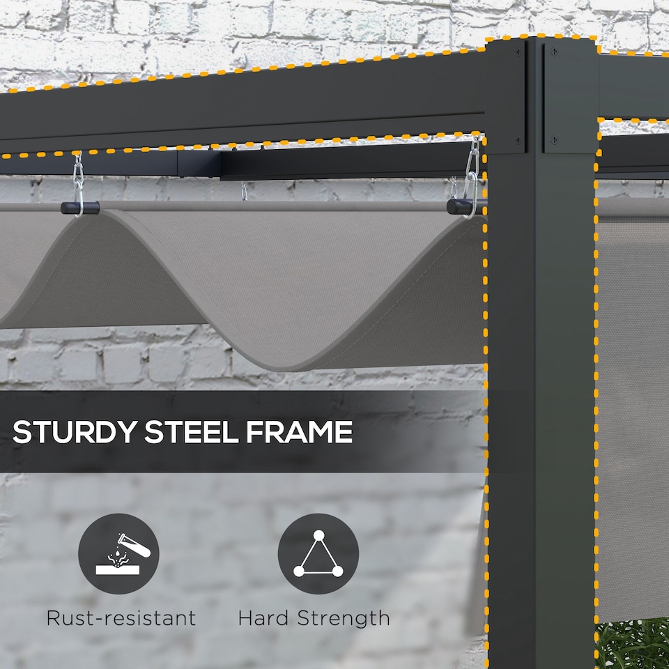 image 1 of Outsunny 3 x 4m Wall Mounted Pergola with Retractable Roof, Dark Grey