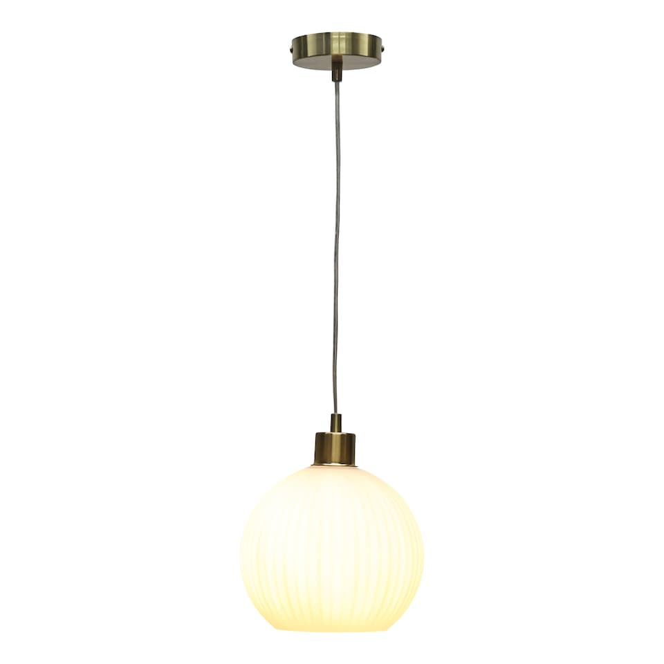 image 1 of Set of 2 Betchley - White Ribbed Glass Globe with Satin Brass Pendants | White | White glass with satin brass plate detail | Small | 2