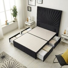 Sunburst Divan Bed with 4 Drawers & 54'' Floor Standing Headboard Plush Velvet | Black | Black