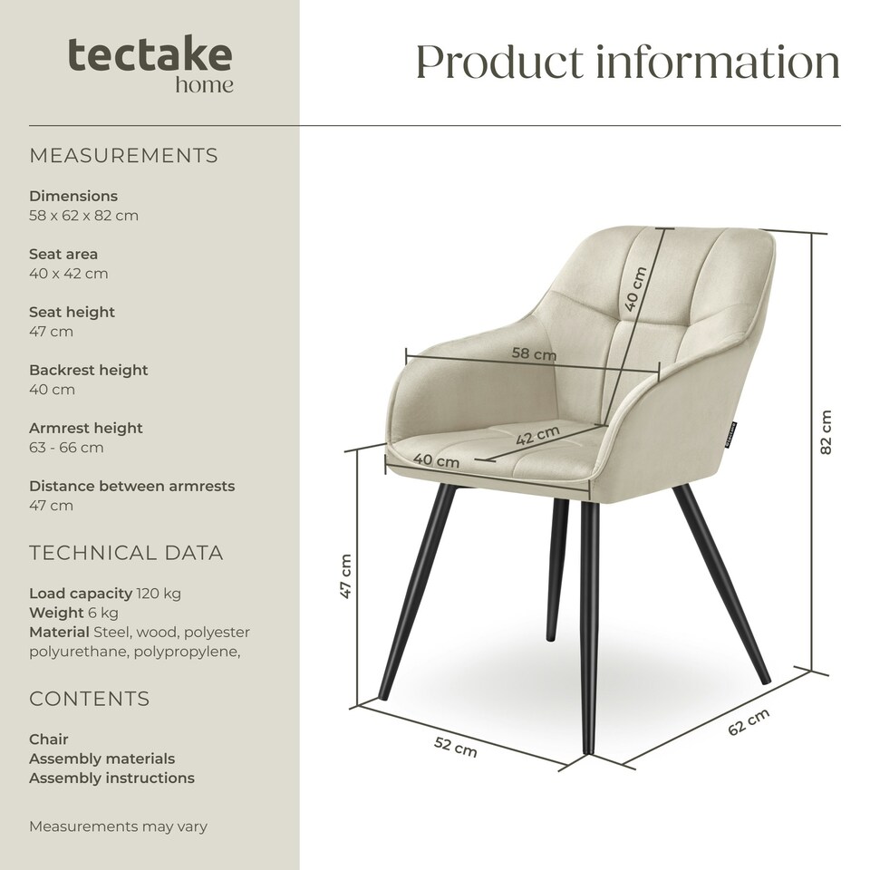 image 1 of Dining Chair Marilyn - velvet look, quilted pattern - per piece Cream | Cream/Black