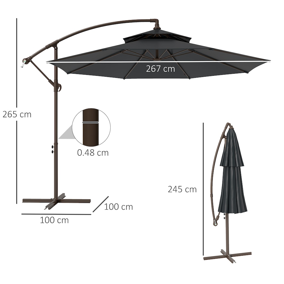 image 1 of Outsunny 2.7m Garden Banana Parasol Cantilever Umbrella with Crank Handle, Double Tier Canopy and Cross Base for Outdoor, Hanging Sun Shade, Black