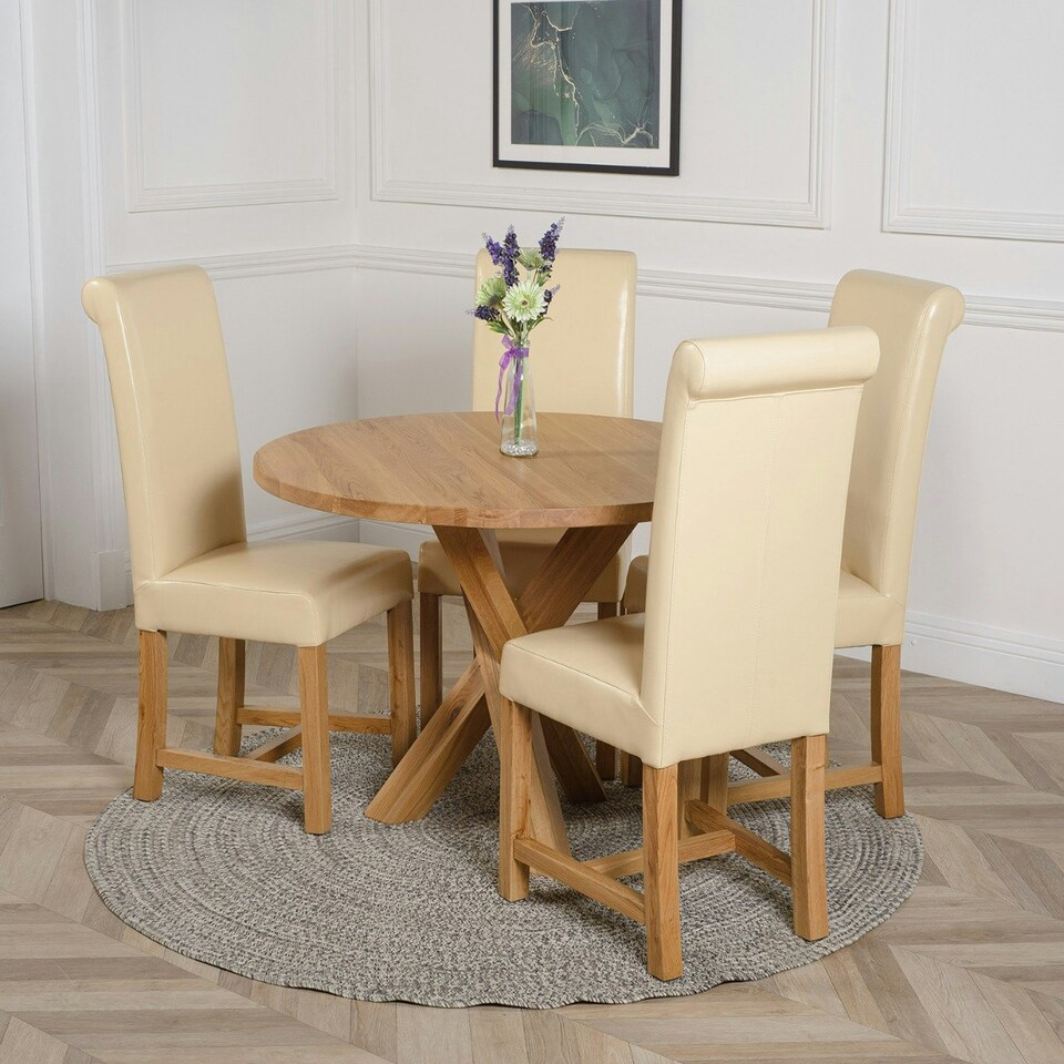 image 1 of Oregon Round Oak Dining Table with Washington Leather Chairs Cream