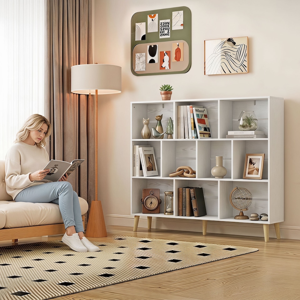 image 1 of HOMCOM Bookshelf with 10 Cubbies, 3-Tier Book Shelf with Wood Legs, White