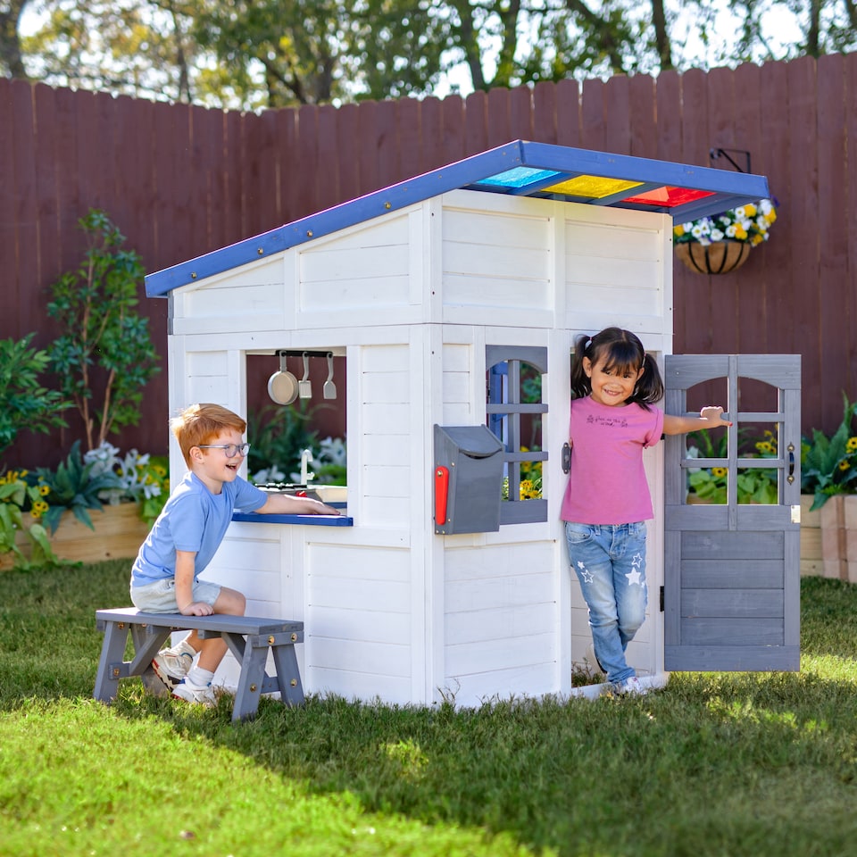 image 1 of Teamson Kids Wooden Playhouse Wendy House with Rainbow Shade, Kitchen, Flower Box & Bench, White