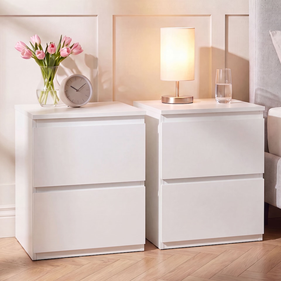 image 1 of Vida Designs Denver Large 2 Drawer Chest of Drawer Bedside Cabinet Nightstand Units Set of 2 - White