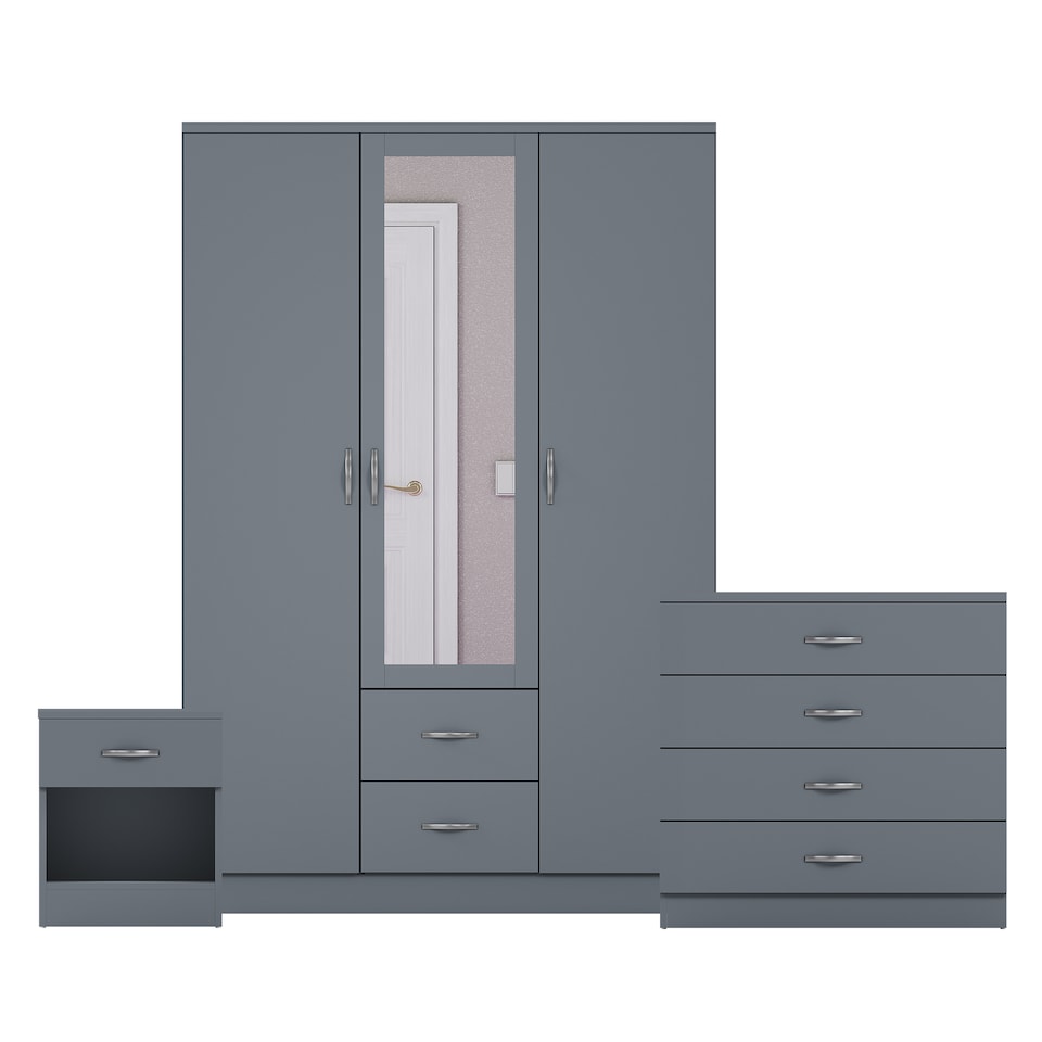 image 1 of Vida Designs Riano 3 Piece Bedroom Set (1 Drawer Bedside Chest, 4 Drawer Chest, 3 Door 2 Drawer Mirrored Wardrobe), Grey (5)