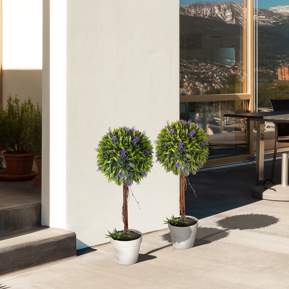 image 1 of HOMCOM Set of 2 Decorative Artificial Plants Ball Trees with Lavender Flowers in Pot Fake Plants for Home Indoor Outdoor Decor, 60cm, Green