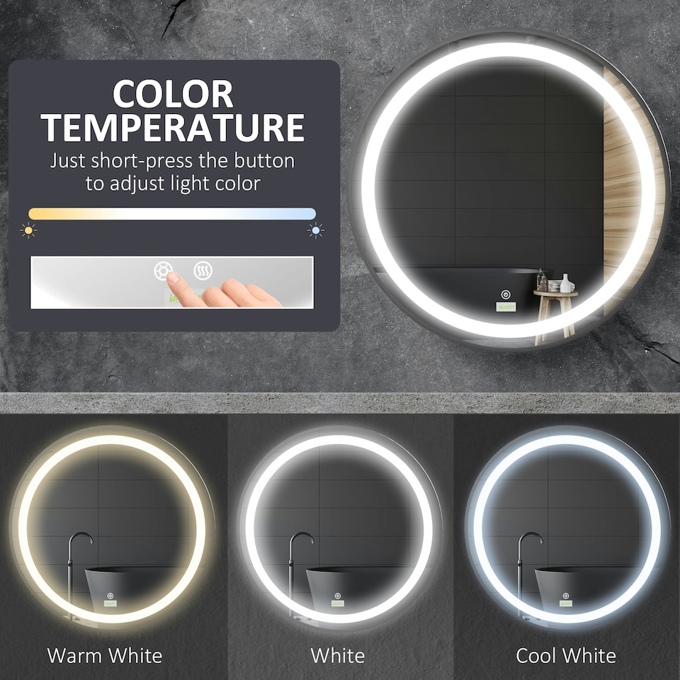 image 1 of kleankin Wall Mounted Round LED Bathroom Mirror with 3 Light Colours, Black