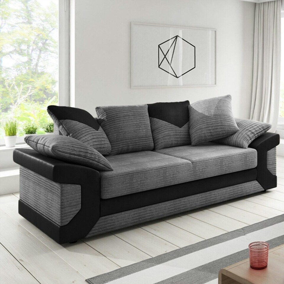 image 1 of Toledo 5 Seater Grey Jumbo Cord 3+2 Sofa Set With a Modern Black Leather Trim Grey | A  sleek black leather trim