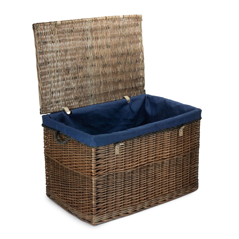 image 1 of Large Antique Wash Storage Wicker Basket with Navy Lining | Blue | Blue